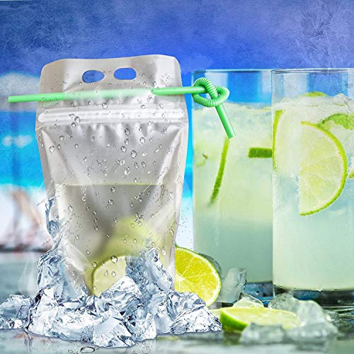 KCHEX 100 Pcs Double Zipper Plastic Clear Drink Pouches with Straw, No Leakage Drink Reusable Juice Bags, Stand up Disposable Drink Pouch Smoothie Bag for Freezing Juice, Heavy Duty Plastic, BPA Free