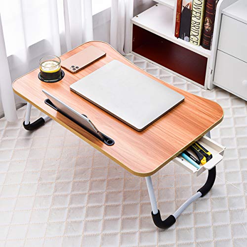 AHXML Laptop Desk, Foldable Portable Lap Standing Desk with Cup Slot and Side Drawer, Breakfast Serving Bed Tray, Reading Holder - Walnut