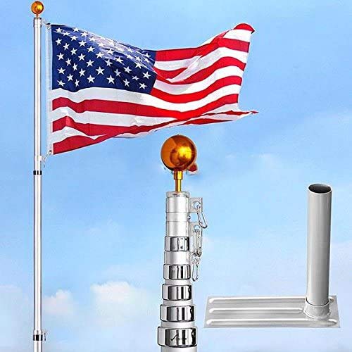 COLIBYOU 30 Feet Tall Telescopic 16 Gauge Aluminum Flagpole w/Golden Eagle Top Pole Finial + Gold Ball Finial 3'x5' US Flag Kit Fly 2 Flags