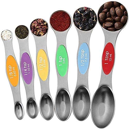 SKEMIX Magnetic Measuring Spoons Set, Stainless Steel, Upgraded Colourful Dual Sided Teaspoon Set, Fits in Spice Jars, Tablespoon Set for Measuring Dry and Liquid Ingredients, Set of 6