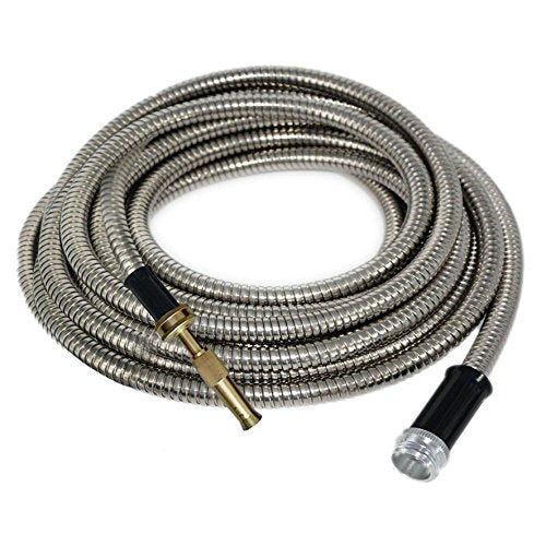 COLIBYOU 50' FT Metal Garden Hose 304 Stainless Steel 18 Gauge Super Light Weight With Solid Brass Fireman Twist Nozzle Sprayer