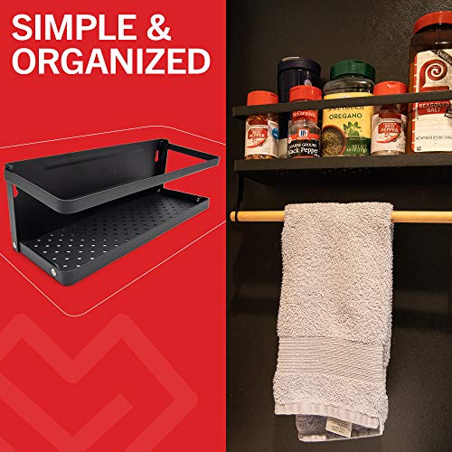 Multi-Purpose Magnetic Shelf - Space Saving Magnetic Shelf Storage - Refrigerator Magnet, Spice Rack or Garage Storage - Foldable Metal Organizer with Paper Towel Holder and Adjustable Hooks