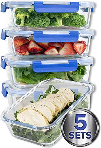 COLIBROX 36 Oz Glass Meal Prep Containers with Snap Locking Lids, set of 5 pieces