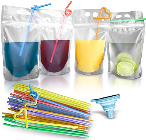 KCHEX 100 Pcs Double Zipper Plastic Clear Drink Pouches with Straw, No Leakage Drink Reusable Juice Bags, Stand up Disposable Drink Pouch Smoothie Bag for Freezing Juice, Heavy Duty Plastic, BPA Free