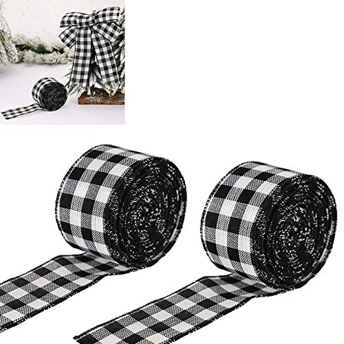 WANLING 2 Rolls Black White Plaid Burlap Ribbon Gingham Ribbon Wired Plaid Christmas Wrapping Ribbons for DIY Gift Wrapping, Crafts Decoration, Floral Bows Craft,13 Yards x 2 Inches