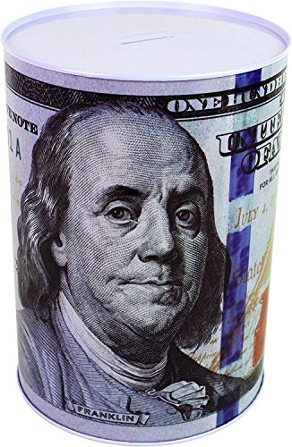 COLIBROX $100 Dollar Bill Piggy Bank 8.5" Tall Coin Saving Money Currency Benjamin Franklin C Note Tin Can Banknote Jar