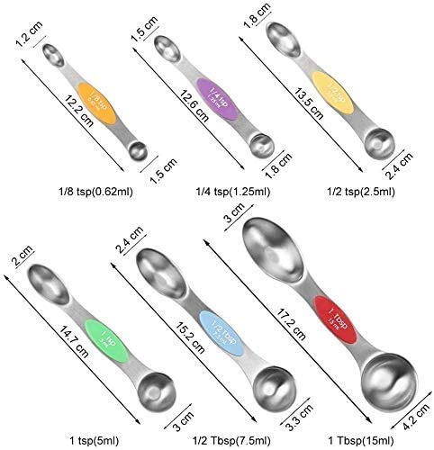 SKEMIX Magnetic Measuring Spoons Set, Stainless Steel, Upgraded Colourful Dual Sided Teaspoon Set, Fits in Spice Jars, Tablespoon Set for Measuring Dry and Liquid Ingredients, Set of 6