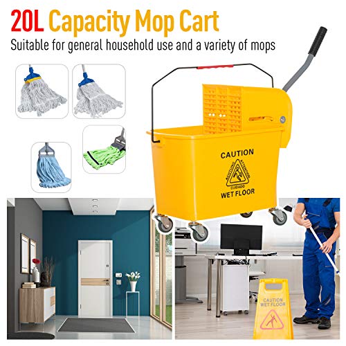 5 Gallon Mini Press Mop Bucket with Wringer 20L Rolling Cleaning Cart Yellow