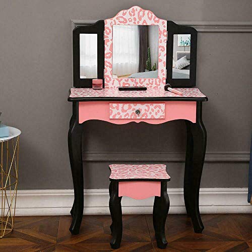 KCHEX Girls Vanity Set,3-Fold Mirrors Wooden Makeup Kids Vanity Table with Single Drawer and Vanity Stool(Pink,Black)