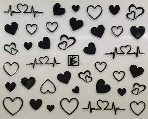 COLIBROX Nail Art 3D Decal Stickers Metallic Hearts Heartbeat Black color