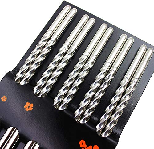 SKEMIX Stainless Steel Chopsticks Set, Reusable Chopsticks Set Include 5 Pairs of Metal Chopsticks, Traditional Oriental Tableware with Modern Spiral Design to Hold