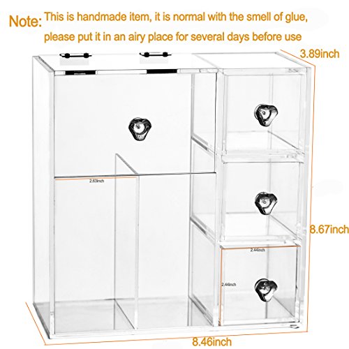 SKEMIX Clear Acrylic Makeup Organizer with 2 Brush Holders and 3 Drawers, Bathroom Cosmetic Storage Display Box with Free Pearls (white).