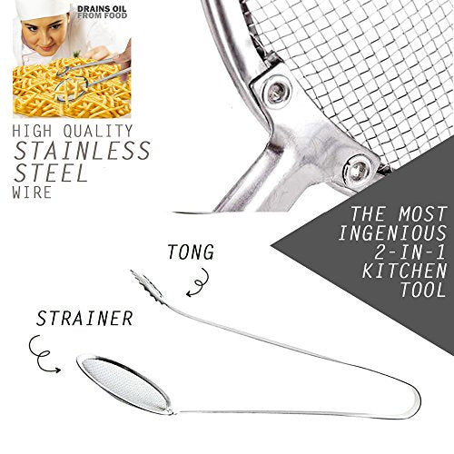 KCHEX 7” 2 in 1 Kitchen Sifter Serving Strainer Tongs in One Easy Grasp for Deep Frying and Drain Oil Fried Food | Premium Food Grade Anti-Rust Sturdy Stainless Steel Wire Kitchen Tongs for Cooking