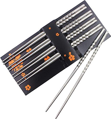 SKEMIX Stainless Steel Chopsticks Set, Reusable Chopsticks Set Include 5 Pairs of Metal Chopsticks, Traditional Oriental Tableware with Modern Spiral Design to Hold