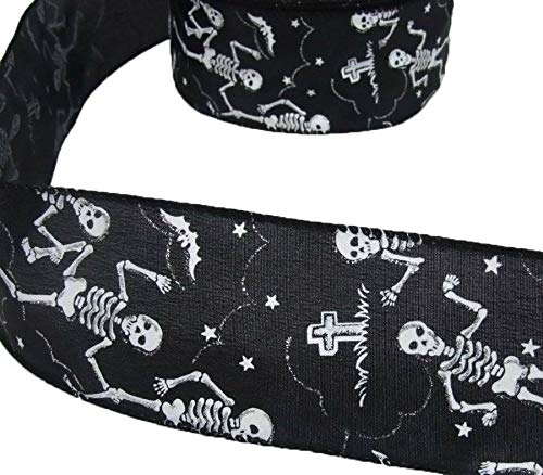 SKEMIX 5 Yds Halloween Skeleton Dance Graveyard Spooky Black Wired Ribbon 2 1/2"W