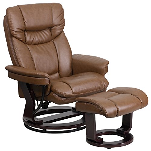 KCHEX Contemporary Palimino Leather Recliner and Ottoman with Swiveling Mahogany Wood Base