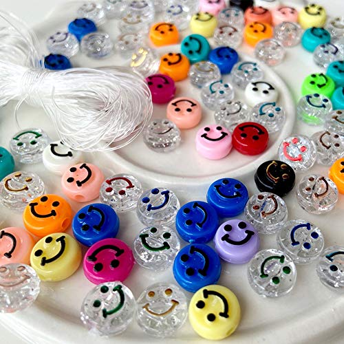 100pcs Smiley Face Beads with String,Happy Face Acrylic Spacer Beads for DIY Jewelry Bracelet Earring Necklace Craft Making Supplies