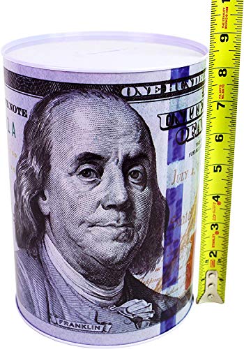 COLIBROX $100 Dollar Bill Piggy Bank 8.5" Tall Coin Saving Money Currency Benjamin Franklin C Note Tin Can Banknote Jar
