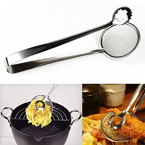 KCHEX 7” 2 in 1 Kitchen Sifter Serving Strainer Tongs in One Easy Grasp for Deep Frying and Drain Oil Fried Food | Premium Food Grade Anti-Rust Sturdy Stainless Steel Wire Kitchen Tongs for Cooking