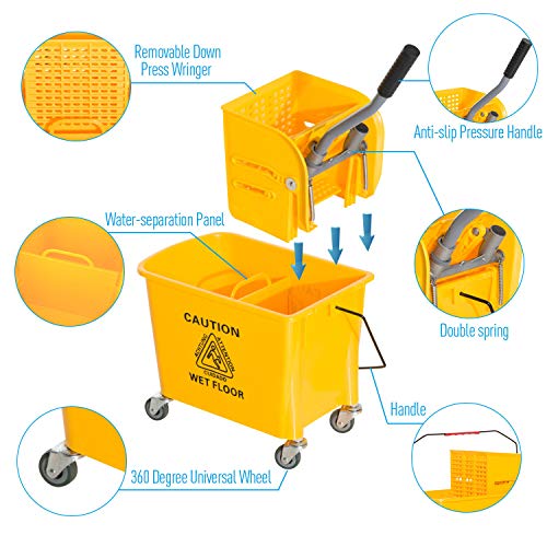 5 Gallon Mini Press Mop Bucket with Wringer 20 Quart Rolling Cart Yellow - mop bucket with wringer on wheels - mop bucket - mop and bucket