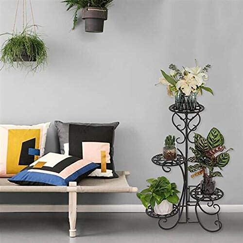 COLIBROX Artisasset 4 Potted Rounded Flower Metal Shelves Plant Pot Stand Decoration for Indoor Outdoor Garden Black