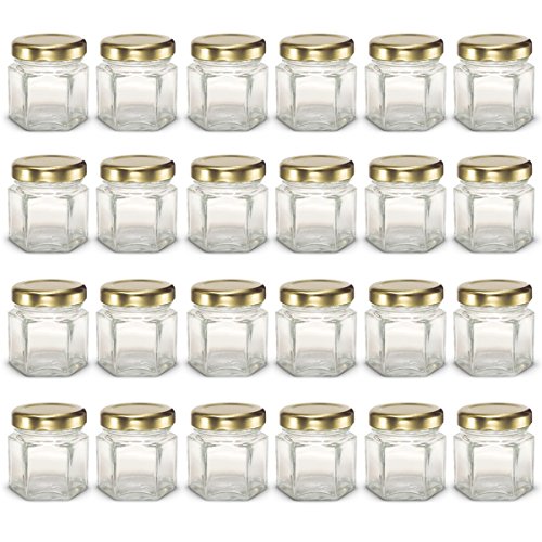 SKEMIX 1.5 oz Hexagon Mini Glass Jars with Gold Lids and Labels (Pack of 24)