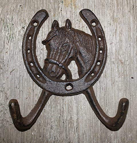 ESKONI Cast Iron Rustic Ranch Horse Head 2 Hook Coat Hooks Rack Towel Horseshoe, Coat Hook,Hat Hook Wall Mounted,Wall Hook,Coat Hanger,Hooks for Bath,Kitchen,Garage