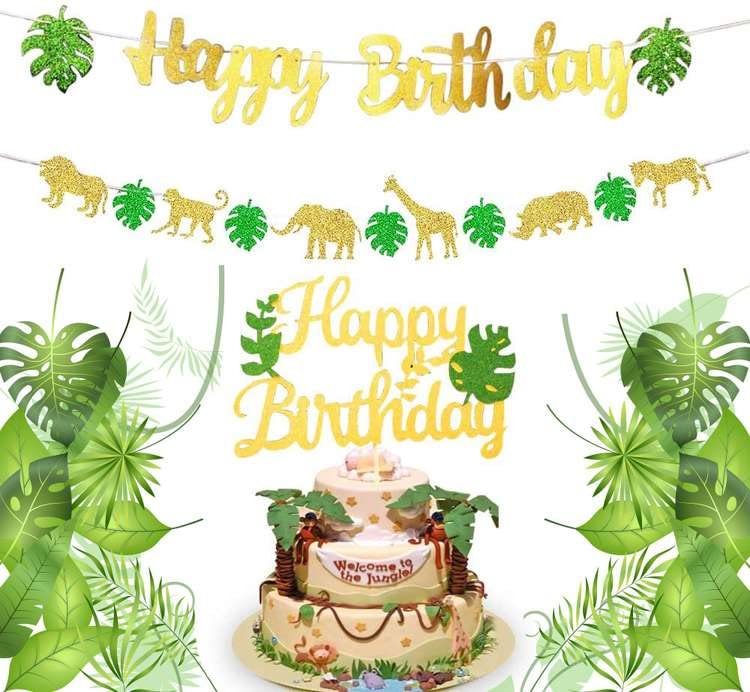 Jungle Animal Happy Birthday Banner and Cake Topper for Safari Wild Themed Birthday Party Decorations