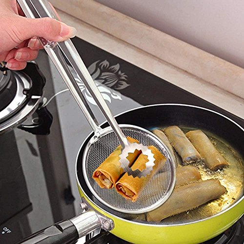 KCHEX 7” 2 in 1 Kitchen Sifter Serving Strainer Tongs in One Easy Grasp for Deep Frying and Drain Oil Fried Food | Premium Food Grade Anti-Rust Sturdy Stainless Steel Wire Kitchen Tongs for Cooking